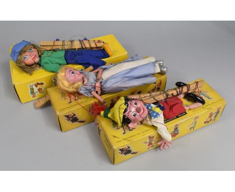 A Collection of Three Vintage Pelham Puppets, Pinocchio, Girl and Goldilocks 