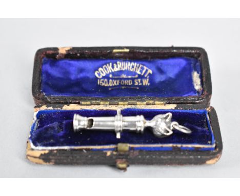 A Silver Miniature Whistle of Cannon Body Form and With Fox Head Finial in Vintage Cook &amp; Burchett of Oxford Leather Moun