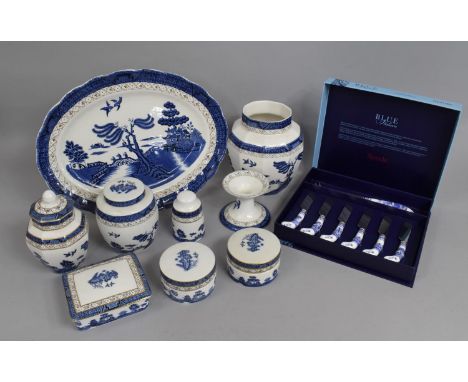 A Collection of Nine Pieces of Royal Doulton Booths Real Old Willow Pattern China to comprise Platter, Lidded Vases, Pots Etc