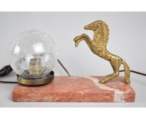 A French Novelty Night Light Decorated with Rearing Brass Stallion on Marble Rectangular Plinth, Replacement Globular Shade, 