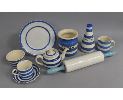 A Collection of Various Kitchen Cornishware to comprise Plate, Vinegar Bottle, Cup and Saucer, Utensil Pot Etc together with 