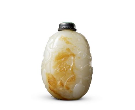 A WHITE AND RUSSET JADE 'BUTTERFLY AND MELON' SNUFF BOTTLE19th centuryThe jade pebble expertly hollowed and carved around the