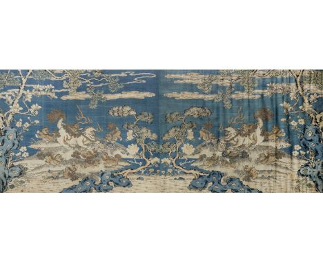 A RARE LARGE SILK 'BUDDHIST LIONS' KESI PANEL18th century Of rectangular shape, finely woven with a rectangular panel depicti