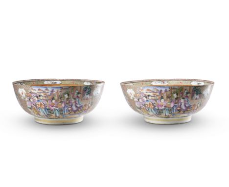 A PAIR OF FAMILLE ROSE 'MANDARIN-PATTERN' PUNCH BOWLSQianlong Each brightly decorated around the exteriors with scenes of ele