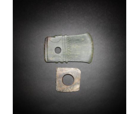 A JADE AXE BLADE, YUE; AND A SQUARE PLAQUE DISCThe blade Zhou Dynasty; the plaque Neolithic Period/Shang DynastyThe blade of 