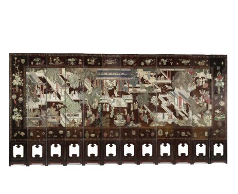 A RARE 'COROMANDEL' LACQUER 'BIRTHDAY BANQUET' TWELVE-LEAF SCREENKangxi, cyclically dated to Guiyou Year, corresponding to 16