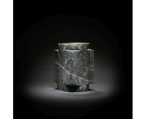 A LARGE GREY JADE CYLINDRICAL VESSEL, CONGNeolithic Period/Shang DynastyOf generous proportions with smooth, slightly convex,