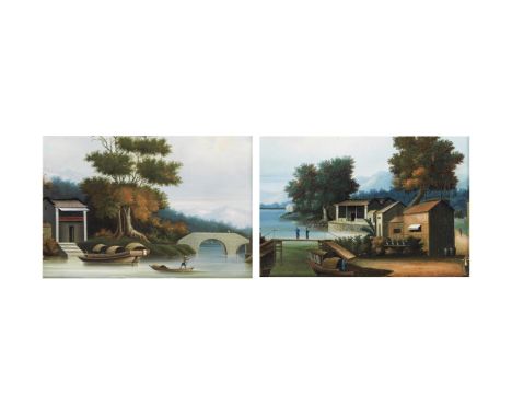 CHINESE SCHOOL19th century Oil on canvas, one depicting two figures on a plank bridge, gazing at a cluster of pavilions on th