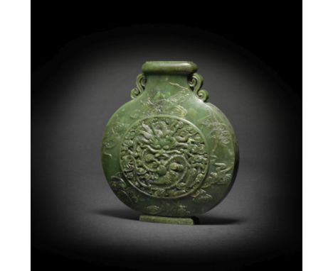 A SPINACH-GREEN JADE 'DRAGON' MOONFLASK, BIANHU19th centuryThe broad, flattened body rising from a short stepped foot to a wa