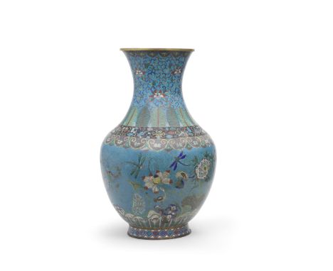 A VERY LARGE CLOISONNÉ ENAMEL TURQUOISE-GROUND VASE19th century Of baluster form, brightly enamelled around the exterior with