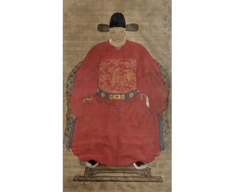AN ANCESTOR PORTRAITQing DynastyInk and colour on silk, depicting an elderly gentleman in red Ming dynasty court robes, mount