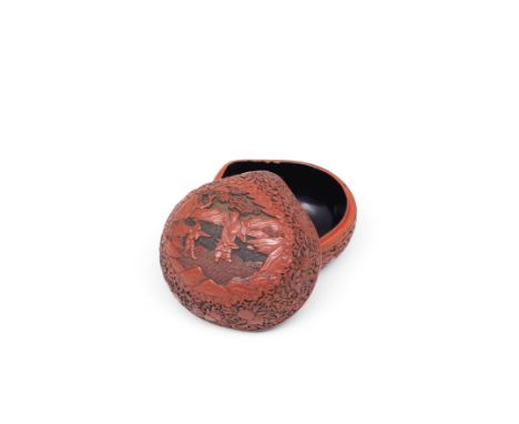 A CINNABAR LACQUER PEACH-SHAPED 'SANDUO' BOX AND COVERQianlongFinely carved in varying levels through red, with a central car