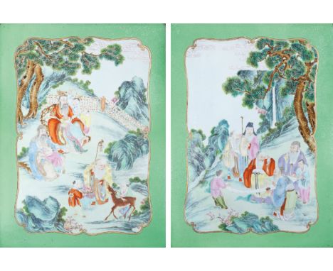 A RARE PAIR OF FAMILLE ROSE PLAQUESQianlong One delicately painted in bright enamels with the Three Star Gods, Fu Lu Shou, en