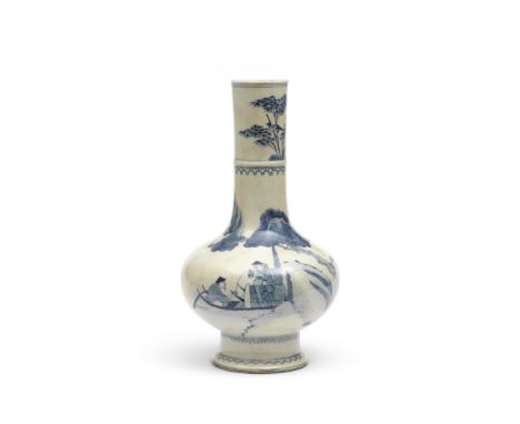 A BLUE AND WHITE SOFT-PASTE VASEKangxi The compressed body rising from a tall spreading foot and surmounted by a tall cylindr