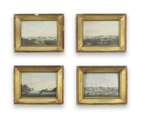 ANGLO-CHINESE SCHOOL19th centuryComprising four paintings, oil on copper, one depicting the thirteen factories in Guangzhou, 