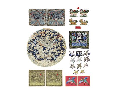 A GROUP OF SILK RANK BADGES18th/19th centuryIncluding a blue-scaled 'dragon' roundel, finely depicting a in profile five-claw