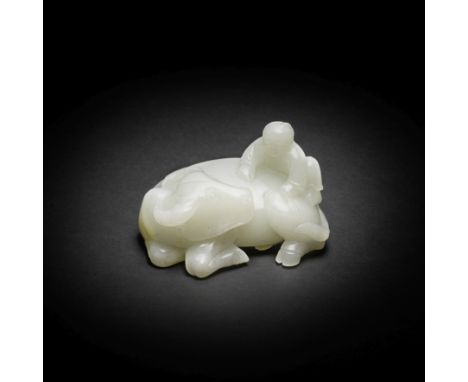 A FINE WHITE JADE 'WATER BUFFALO AND BOY' GROUPQianlongExquisitely carved in the round as a recumbent buffalo with its head t