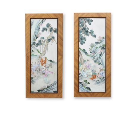 A PAIR OF FAMILLE ROSE PLAQUESJiaqing/DaoguangThe tall rectangular plaques each finely enamelled, one with the Hehe erxian ho