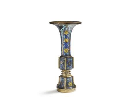 A VERY RARE CLOISONNÉ ENAMEL BEAKER VASE, GUEarly 15th century Of slender form with a compressed central section rising from 