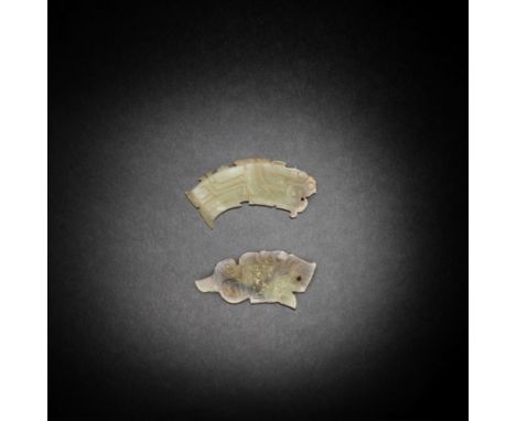 TWO JADE ANIMAL PLAQUESShang/Western Zhou DynastyThe larger carved as a stylised mythical bird of flat arched form and decora