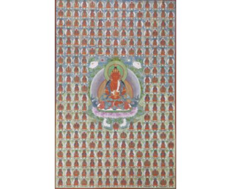 A THANGKA OF AMITAYUSTibet, 19th centuryDistemper on cloth, framed and glazed. The painting, 86cm (34in) long x 55.5cm (22in)