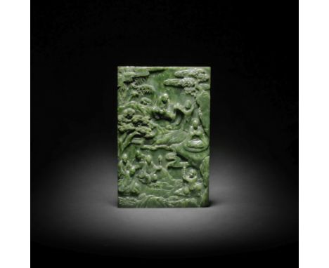 A RARE AND FINE SPINACH-GREEN JADE CARVED 'EIGHT LUOHANS' TABLE SCREENQianlong/JiaqingOf rectangular form, crisply carved to 