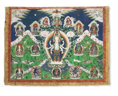 A RARE HORIZONTAL THANGKA OF AVALOKITESHVARATibet, 19th centuryDistemper on cloth, depicting the Bodhisattva standing with pe