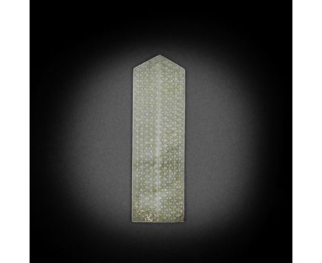 A PALE GREEN JADE CEREMONIAL TABLET, GUIMing Dynasty Crisply carved in rectangular shape with a pointed top, carved in low re