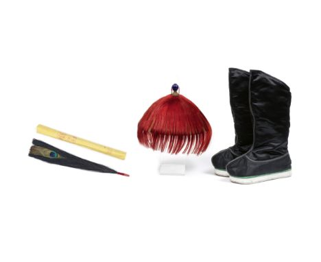 A MANDARIN HAT, A SCHOLAR'S PLUME AND A PAIR OF MANDARIN BOOTS19th century The conical bamboo-weave summer travelling hat mou