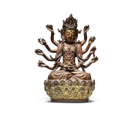 A LARGE INSCRIBED GILT-LACQUERED BRONZE FIGURE OF AVALOKITESHVARAMing DynastySeated in dhayanasa with her crossed legs envelo