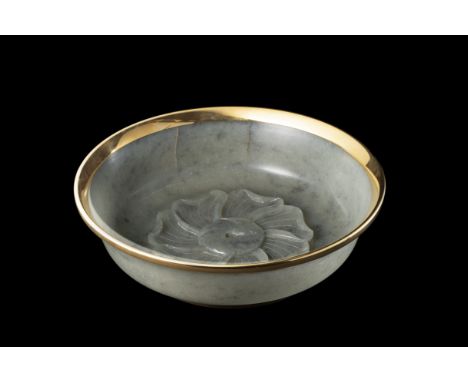 A GREY JADE GOLD-MOUNTED 'MALLOW' BOWLThe jade 18th centuryWith deep rounded sides, the interior carved with an elaborate Mug