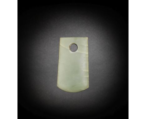 A GREENISH-YELLOW JADE AXE BLADE, YUENeolithic PeriodOf flattened rectangular form flaring at the rounded blade, pierced with