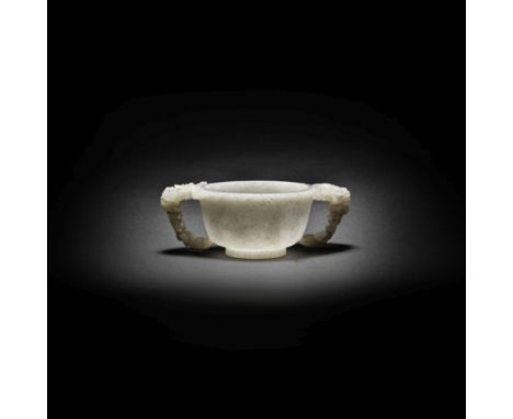 A GREY JADE TWO-HANDLED CUPMing Dynasty The cup carved around the exterior in low relief with a continuous scene of Immortals