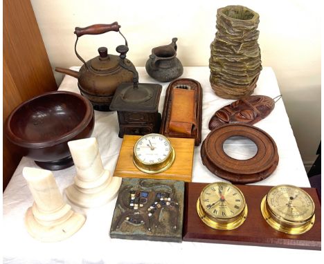 Selection of collectable items to include vintage wooden stand, vase, barometer, copper kettle etc 