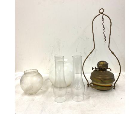 Hanging oil lamp with chimney and spare shades and chimney 