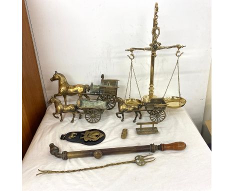 Selection of brassware includes scales etc 