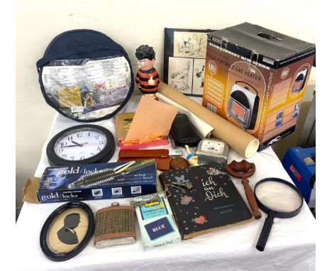 Selection of miscellaneous to include boxed heater, Dennis the menace bubble bath bottle, wall clock. prints etc 