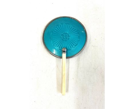 Small enamel back compact mirror with handle in original box 