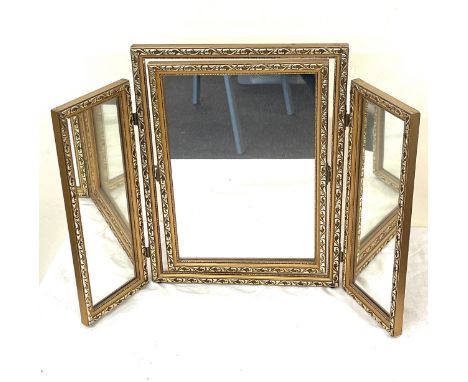 Gilt framed triple dressing table mirror, Height 17 inches, width folded out 25.5 inches 