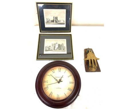 Vintage brass mounted knocker, Railway station London clock battery operated and 2 Framed prints of "Ashby De La Zouch castle