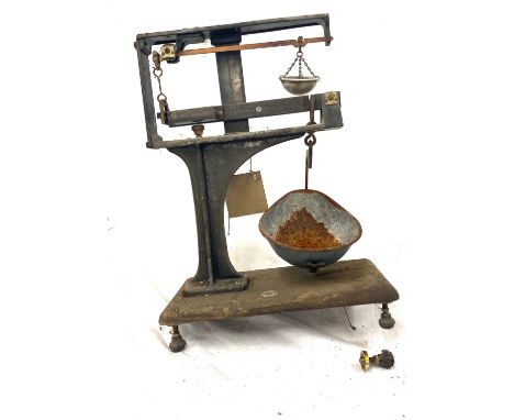 Miniature industrial balance scales on legs - one leg needs repair 