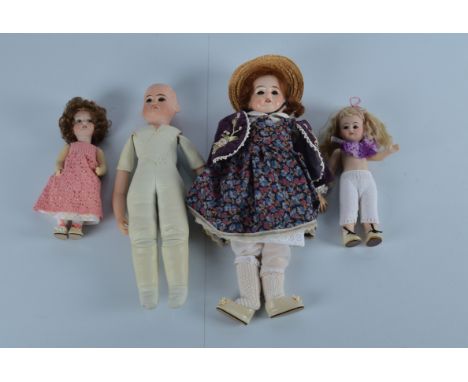 Four German bisque head child dolls, one by Goebel, another Armand Marseille on restored or later kid leather bodies, 13 1/2 