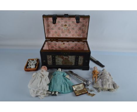 A quantity of miniature dolls items, including various hand fans, spectacles, gloves, teaset, including three shoulder head d