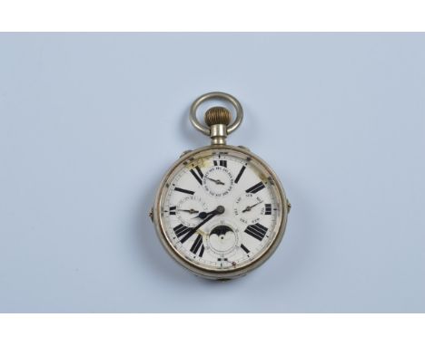 An early 20th century open faced fob watch, with moonphase triple calendar, white enamel face, roman numerals, nickel silver 
