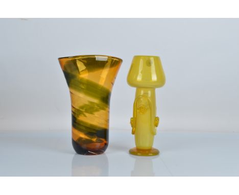 An Art Nouveau style yellow glass vase, 31cm tall, together with a mid 20th century example (2)