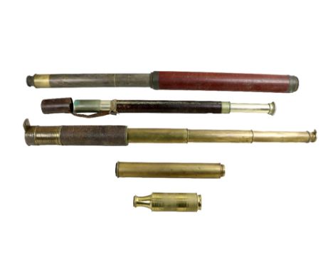 A large 19th Century brass and mahogany cased Telescope, 52cms (20 1/2"); another in brass and leather case by F.M. Newton, O