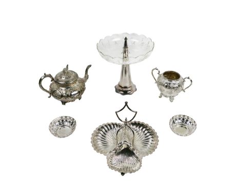 Silverware: A Victorian decorative repoussé design plated Teapot, a two handled etched and floral design two handled plated B