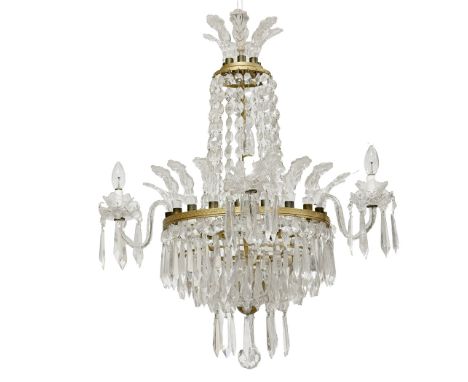 A fine quality 19th Century period Waterford cutglass Chandelier, with cutglass leaf cornet with beaded drape pillar above a 