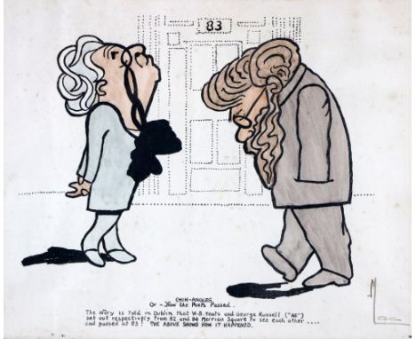 Stan McMurty ‘Mac’ (b. 1936) “W.B. Yeats and George Moore Passing Each Other,” c. 1965, Ink and wash on paper, Signed l.r. wi