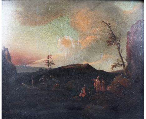 Attributed to Jan Dirksz Both, Italian (1615-1652) "Soldiers at Rest," O.O.P., sunset scene with soldiers in foreground on ro